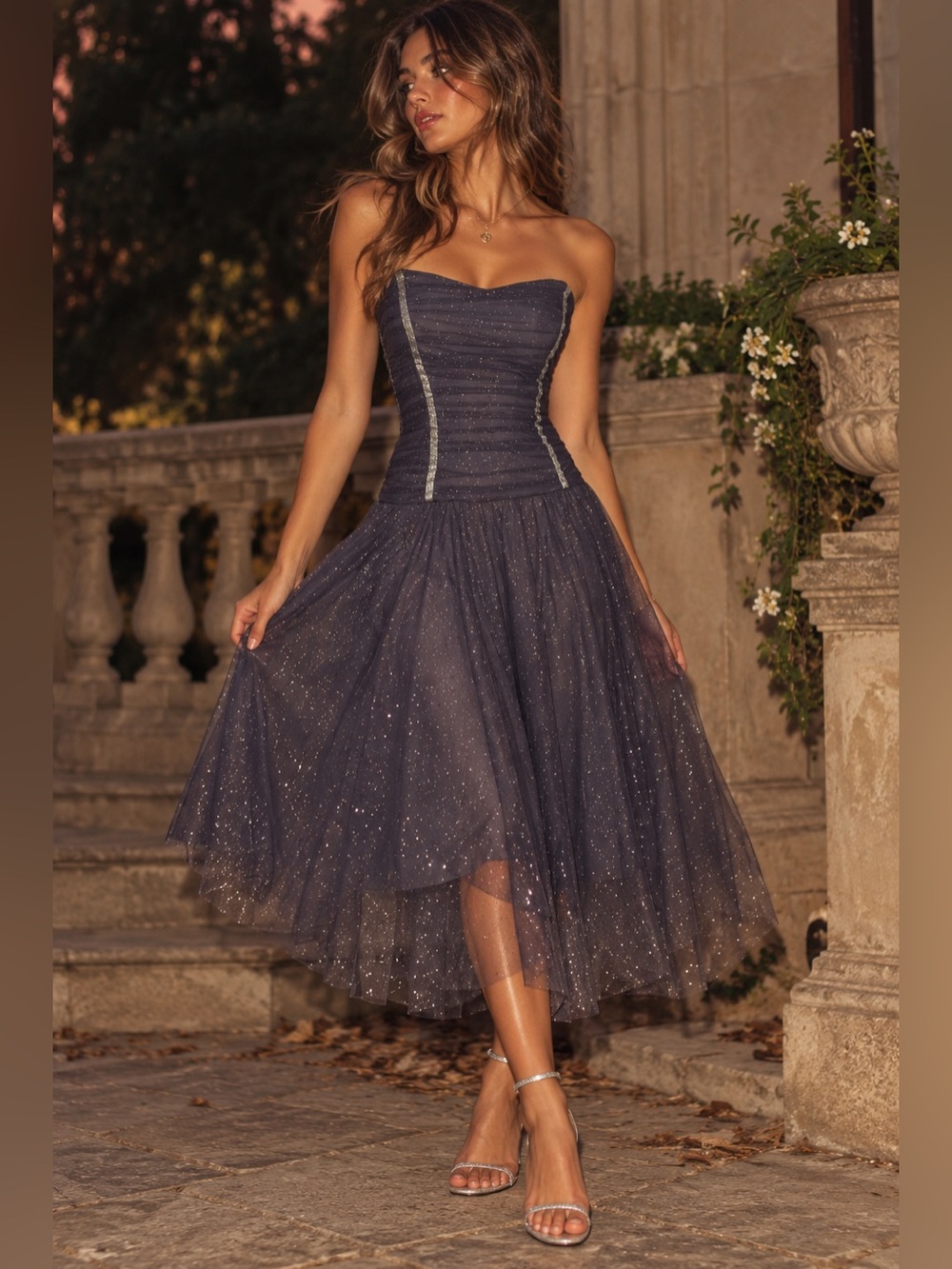 Vintage Y2K Betsey Johnson Glitter Tulle Strapless Dress Sz 2